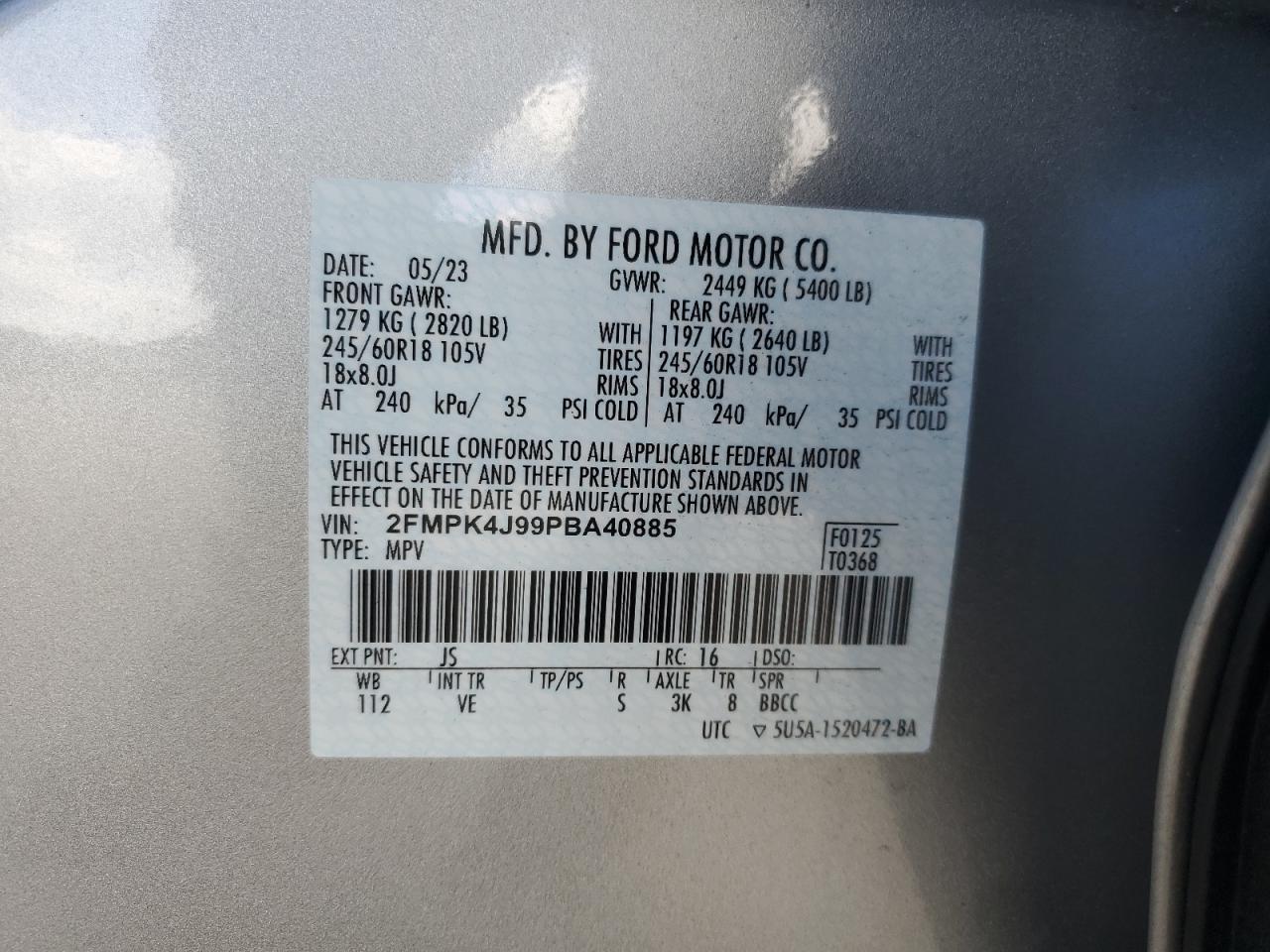 2023 Ford Edge Sel VIN: 2FMPK4J99PBA40885 Lot: 70631105