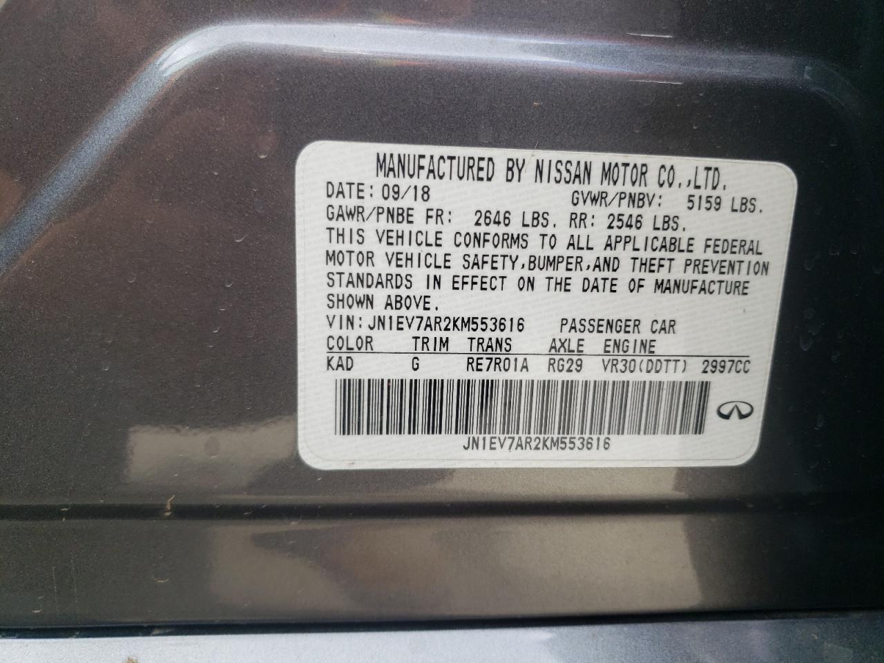 2019 Infiniti Q50 Luxe VIN: JN1EV7AR2KM553616 Lot: 67203635