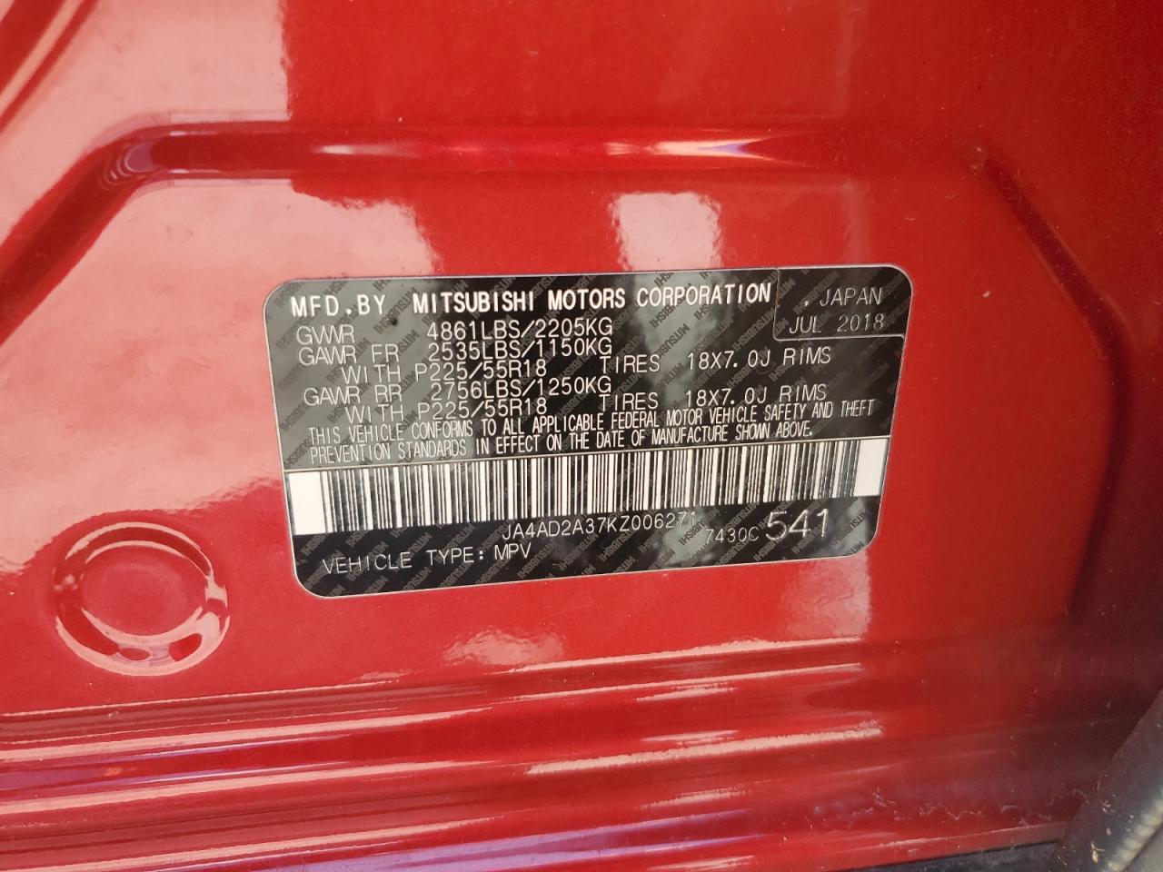 2019 Mitsubishi Outlander Es VIN: JA4AD2A37KZ006271 Lot: 70772835