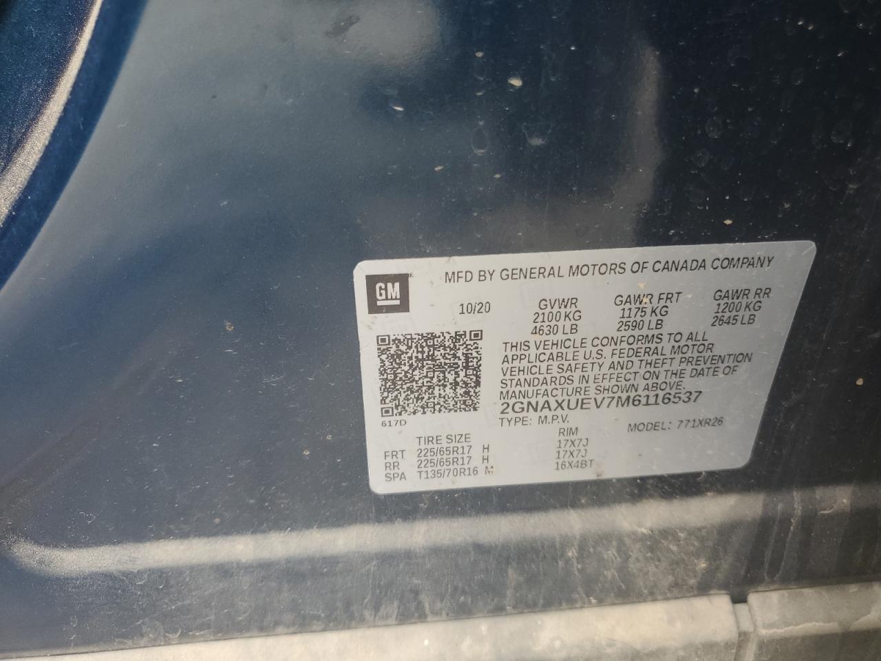 2021 Chevrolet Equinox Lt VIN: 2GNAXUEV7M6116537 Lot: 69803915