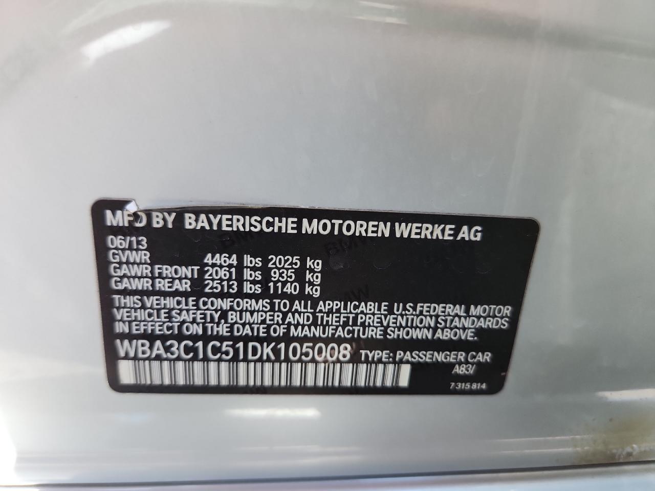 2013 BMW 328 I Sulev VIN: WBA3C1C51DK105008 Lot: 68286755