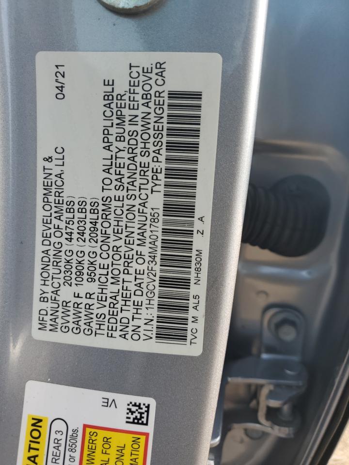 2021 Honda Accord Sport VIN: 1HGCV2F34MA017851 Lot: 67974155