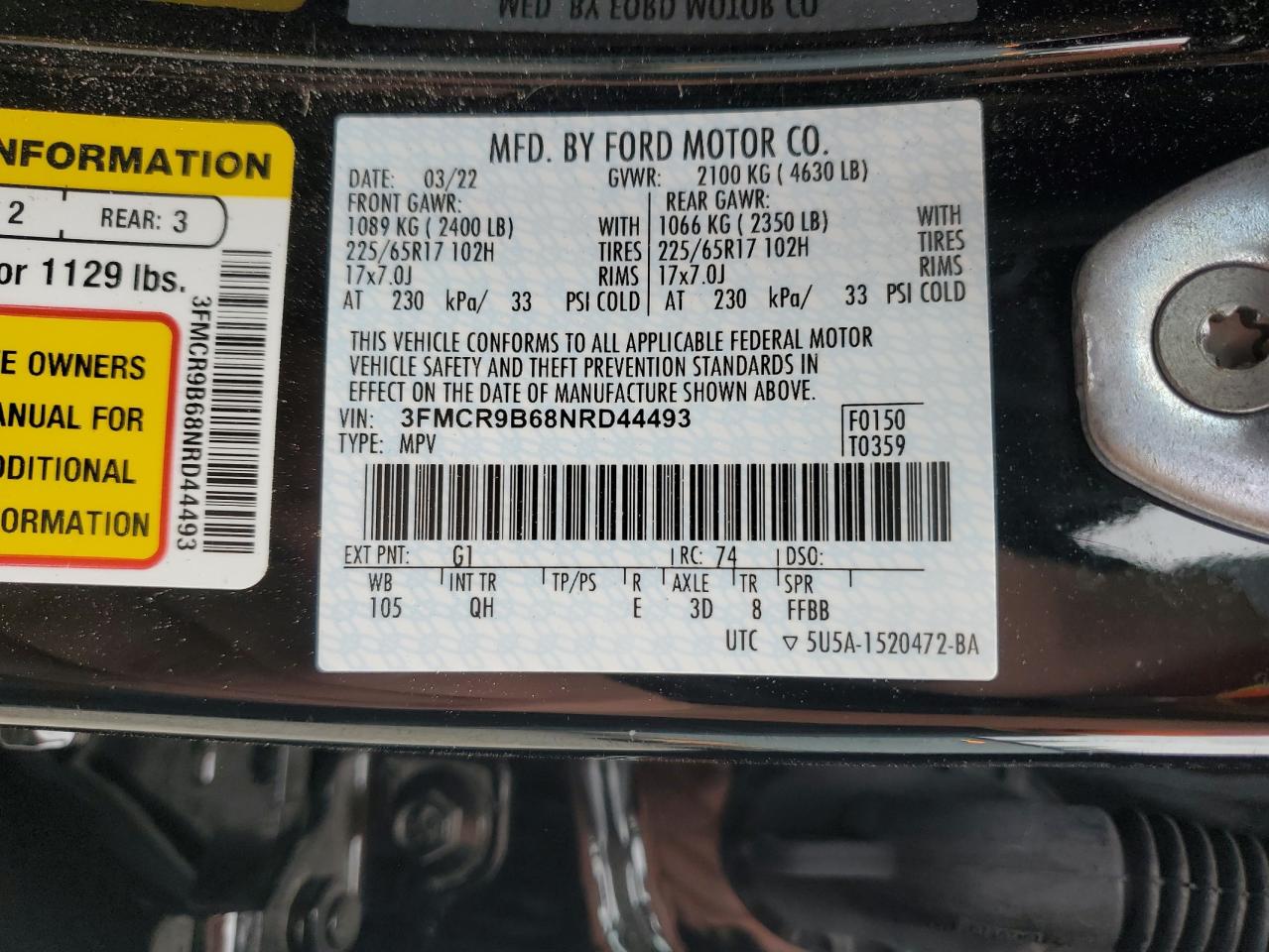 2022 Ford Bronco Sport Big Bend VIN: 3FMCR9B68NRD44493 Lot: 68786425