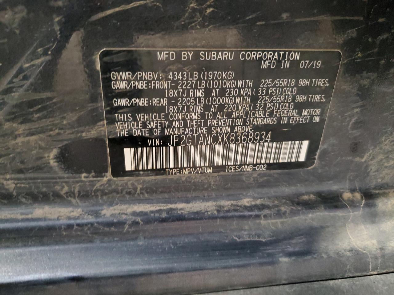 2019 Subaru Crosstrek Limited VIN: JF2GTANCXK8368934 Lot: 67776245