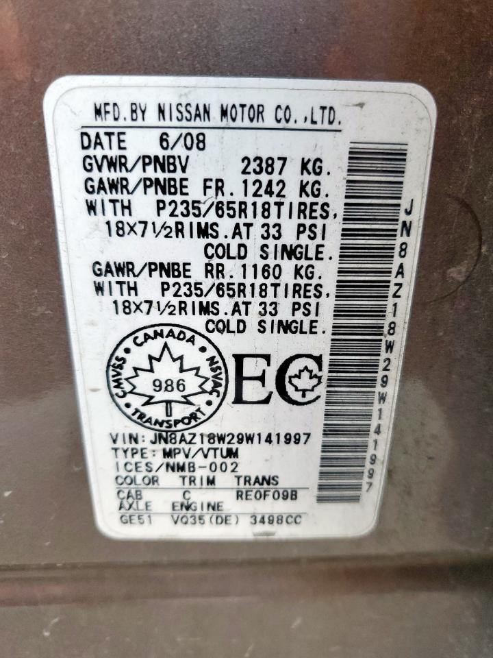 2009 Nissan Murano S VIN: JN8AZ18W29W141997 Lot: 68039585