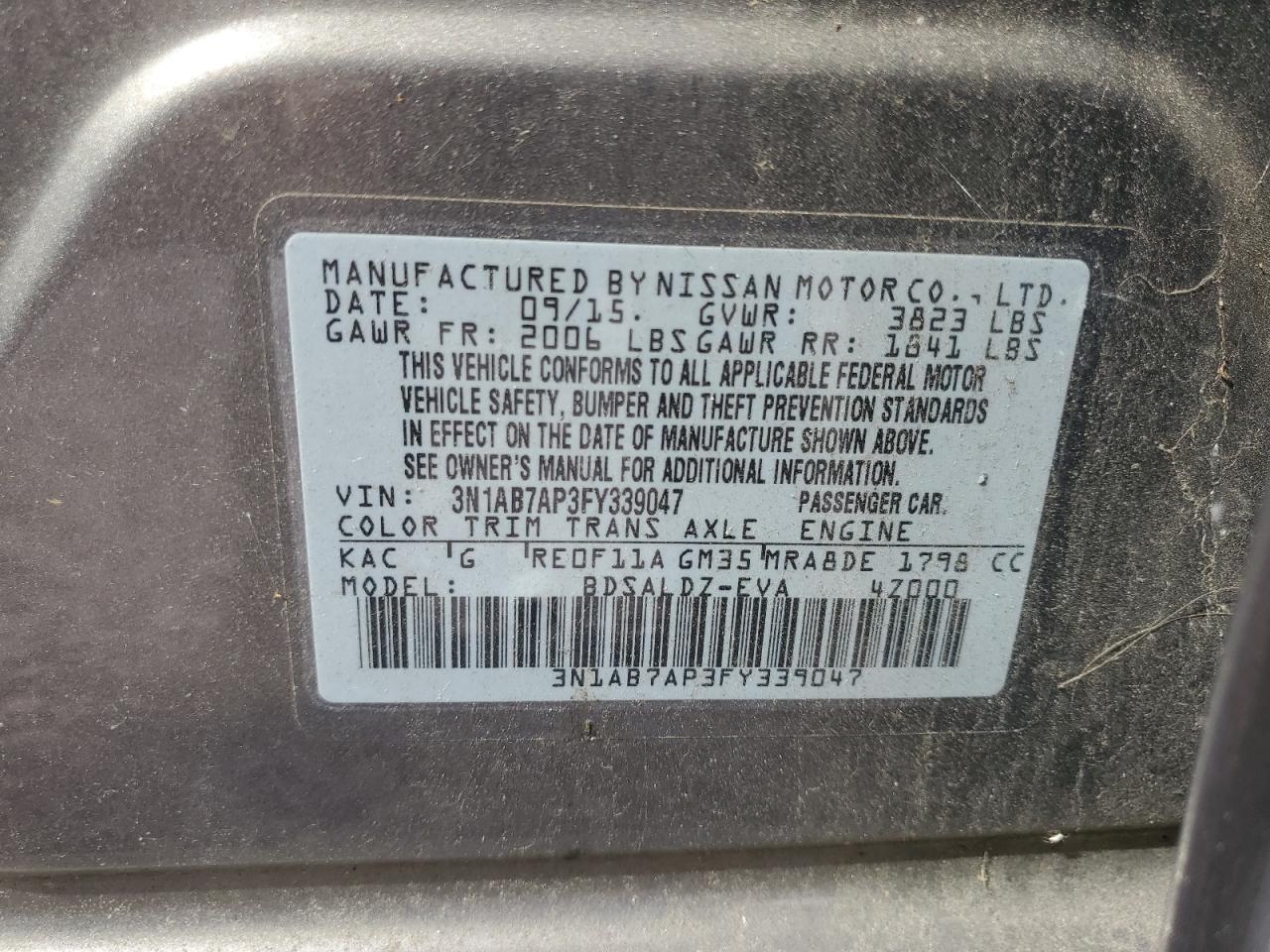 2015 Nissan Sentra S VIN: 3N1AB7AP3FY339047 Lot: 70901945