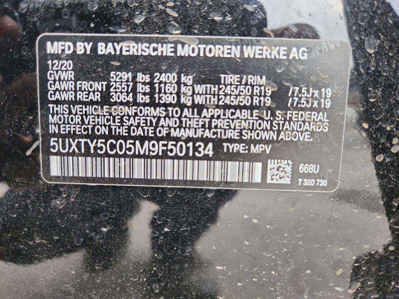 2021 BMW X3 xDrive30I VIN: 5UXTY5C05M9F50134 Lot: 70027615