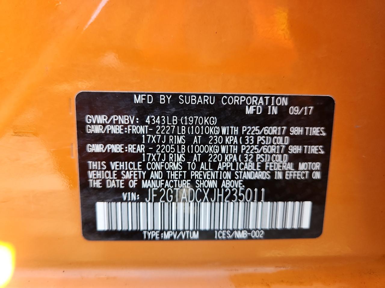 2018 Subaru Crosstrek Premium VIN: JF2GTADCXJH235011 Lot: 69393445