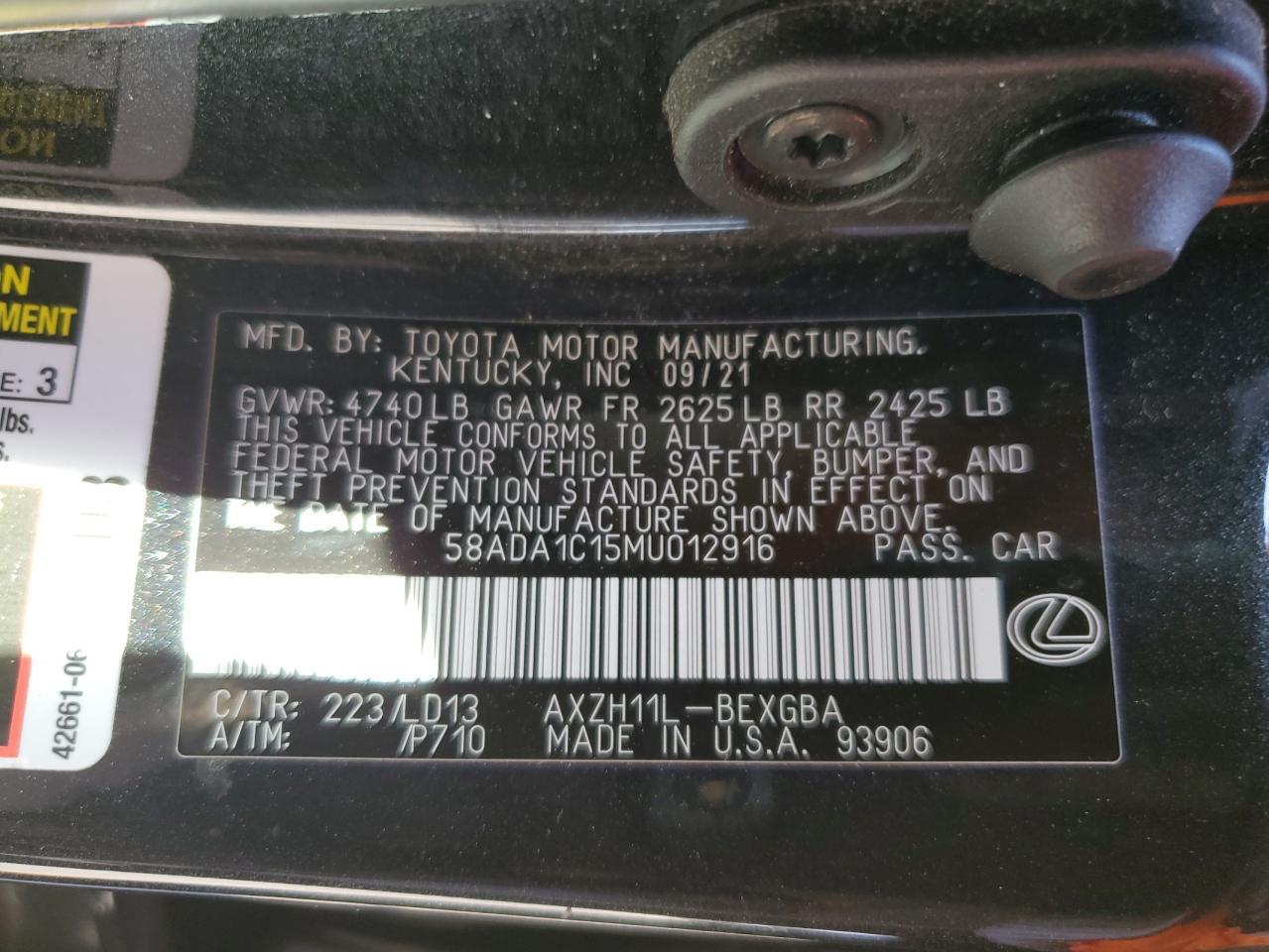 2021 Lexus Es 300H VIN: 58ADA1C15MU012916 Lot: 68316415