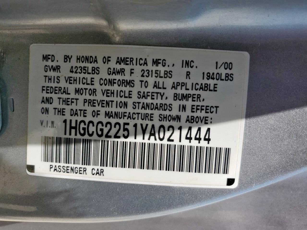 2000 Honda Accord Ex VIN: 1HGCG2251YA021444 Lot: 69638355