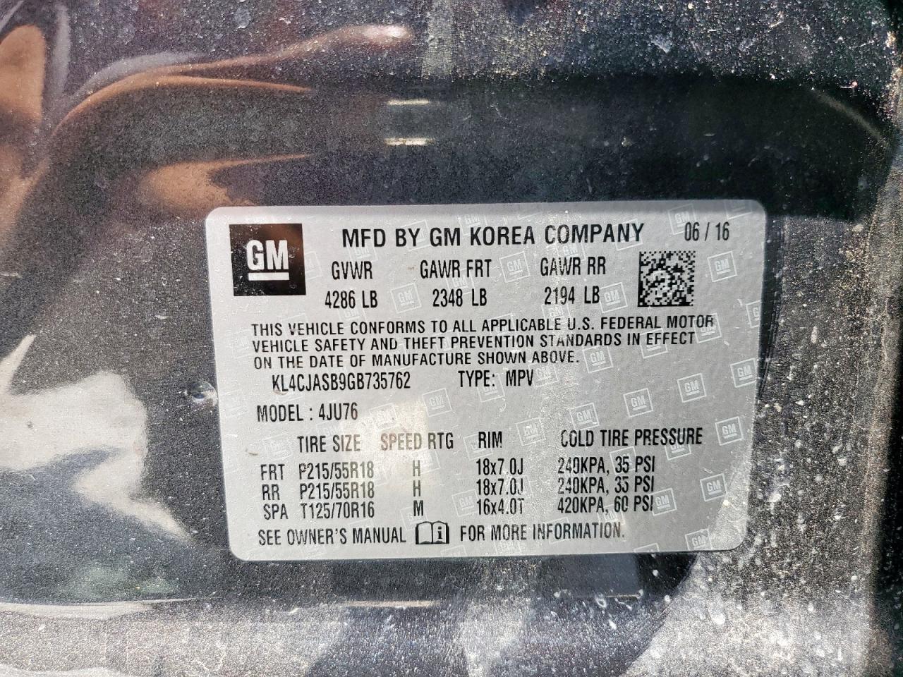 2016 Buick Encore VIN: KL4CJASB9GB735762 Lot: 68014365