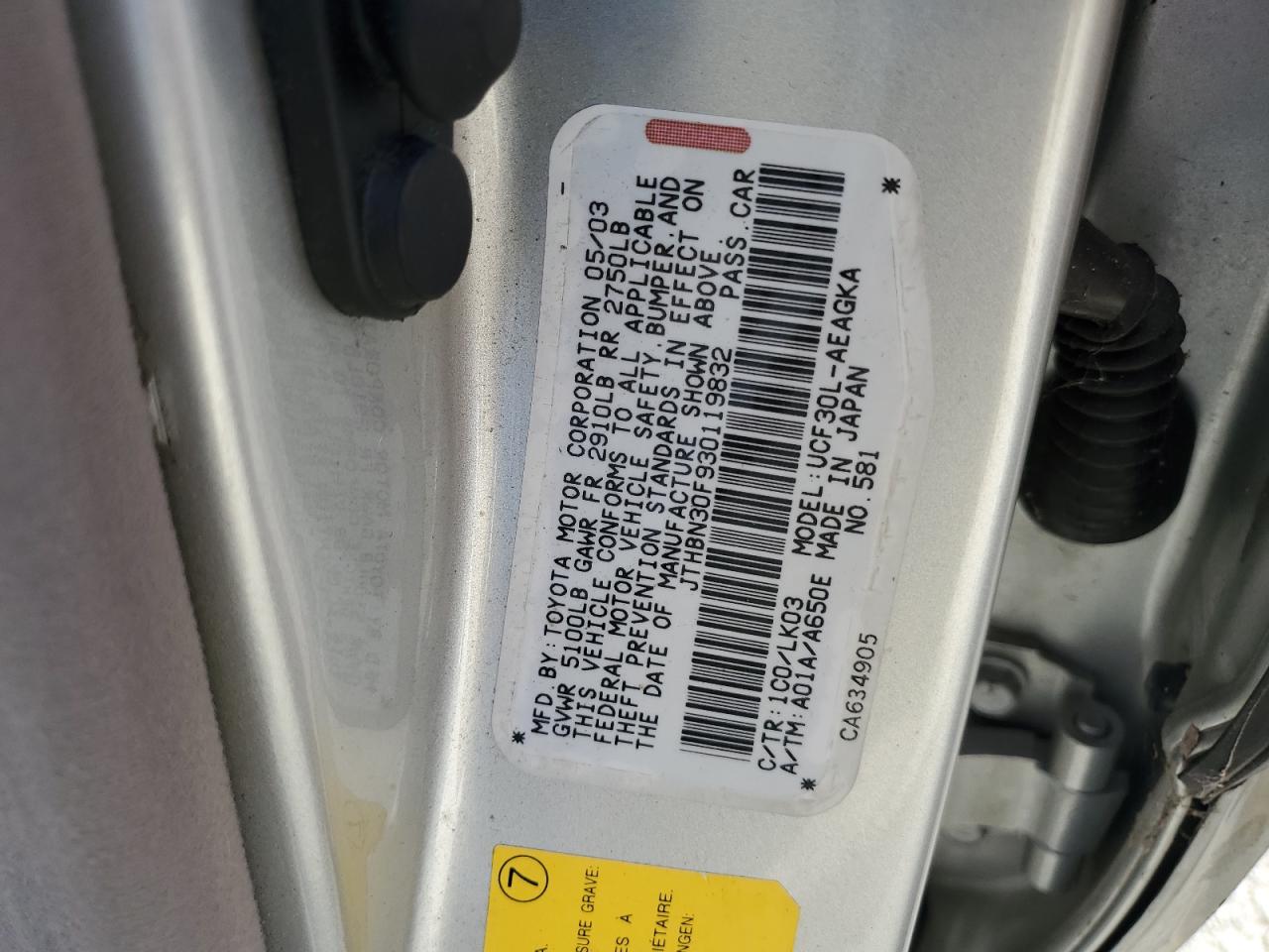 2003 Lexus Ls 430 VIN: JTHBN30F930119832 Lot: 70066205