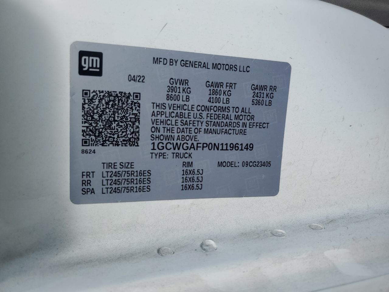 2022 Chevrolet Express G2500 VIN: 1GCWGAFP0N1196149 Lot: 67271105