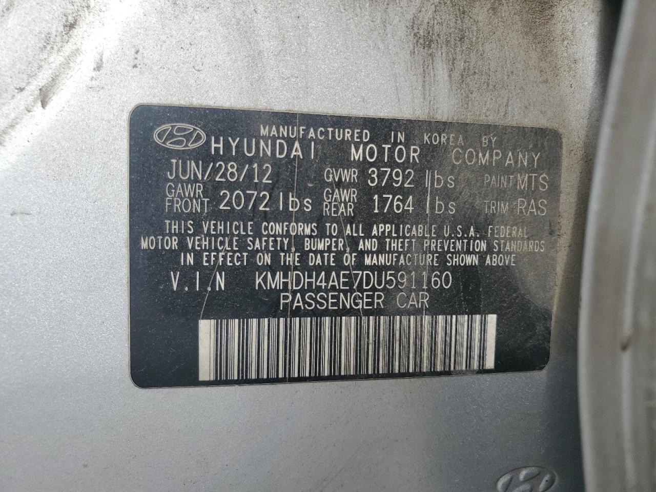 2013 Hyundai Elantra Gls VIN: KMHDH4AE7DU591160 Lot: 69107635