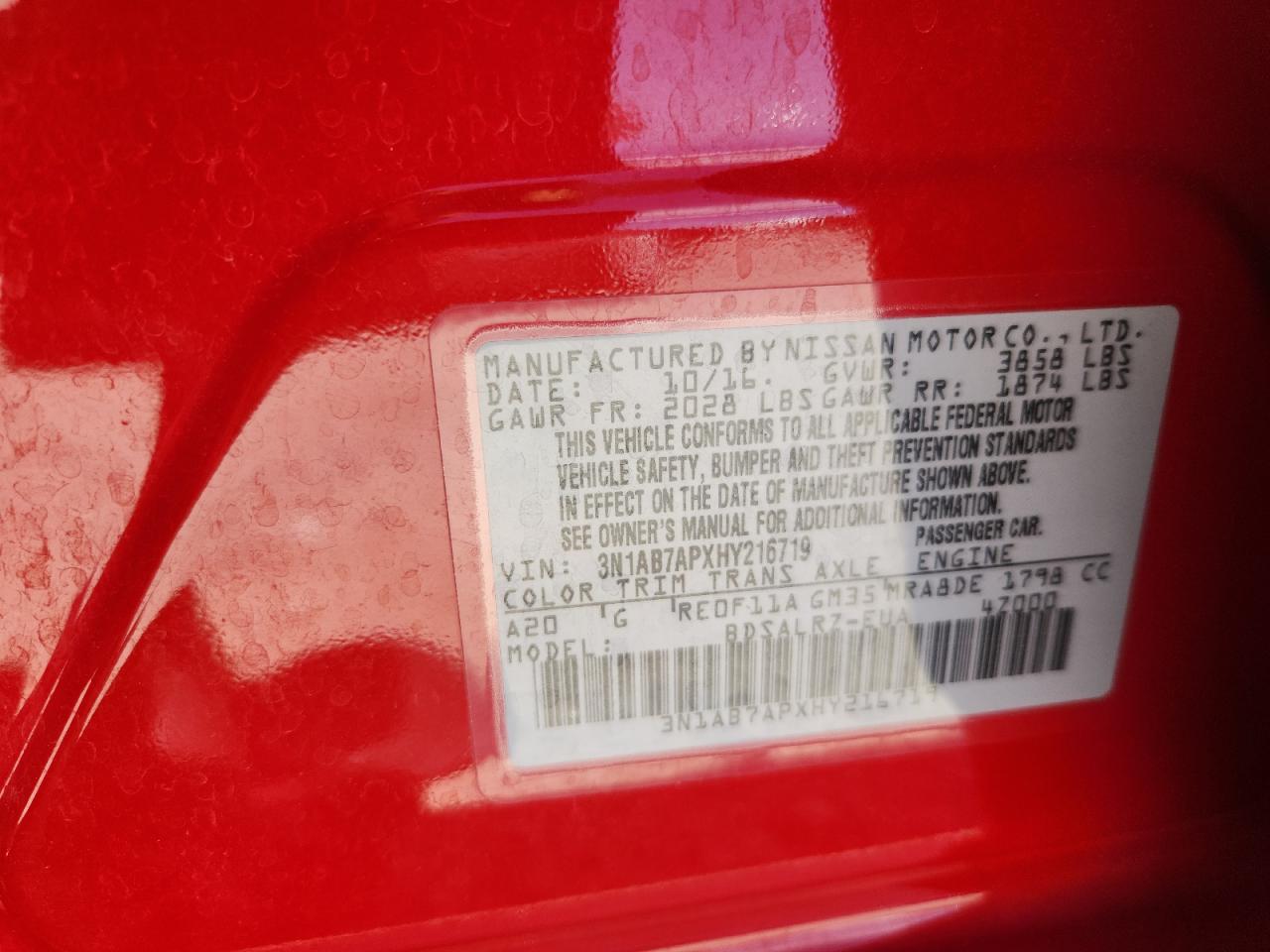 2017 Nissan Sentra S VIN: 3N1AB7APXHY216719 Lot: 68184195