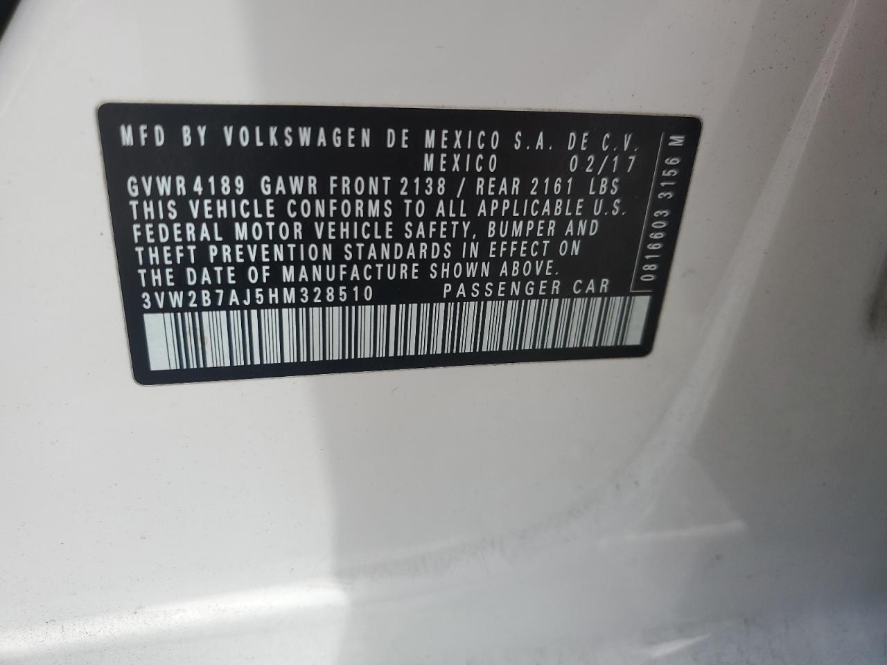 2017 Volkswagen Jetta S VIN: 3VW2B7AJ5HM328510 Lot: 68316425