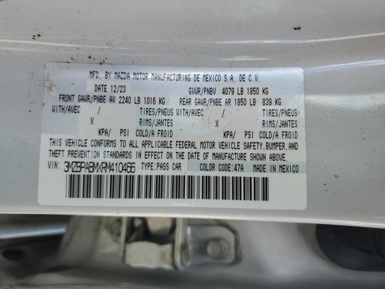 2024 Mazda 3 Select Sport VIN: 3MZBPABMXRM410466 Lot: 70467465