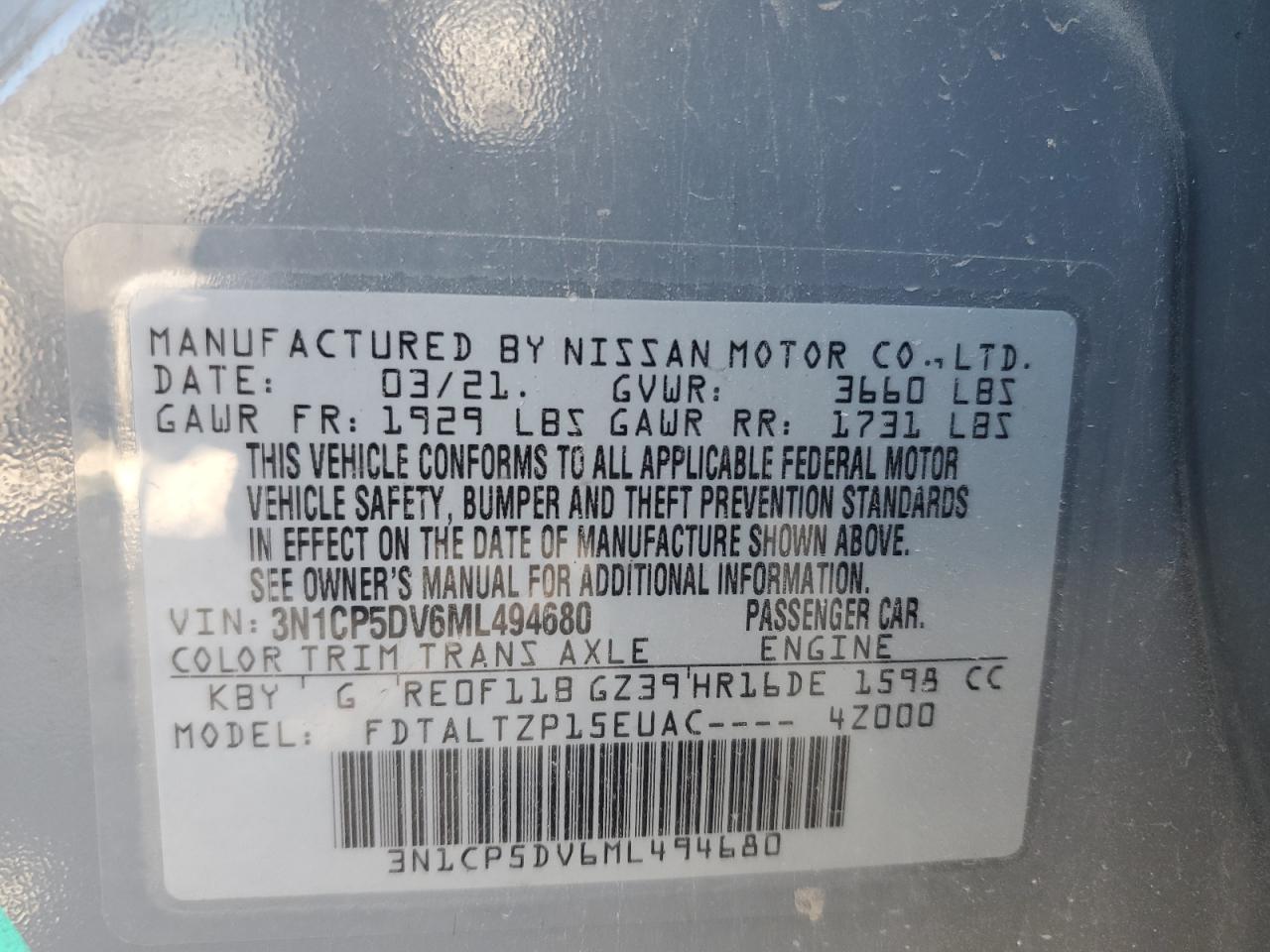 2021 Nissan Kicks Sr VIN: 3N1CP5DV6ML494680 Lot: 69783675