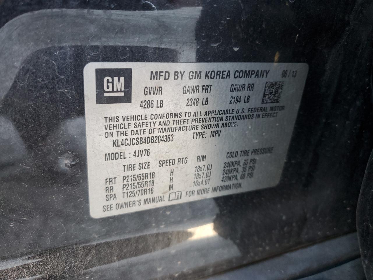 2013 Buick Encore VIN: KL4CJCSB4DB204363 Lot: 70363355