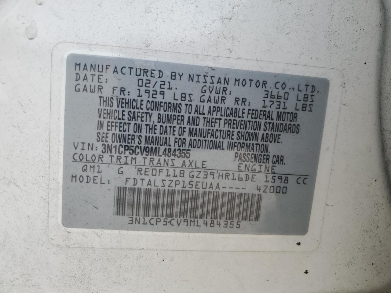 2021 Nissan Kicks Sv VIN: 3N1CP5CV9ML484355 Lot: 68693265