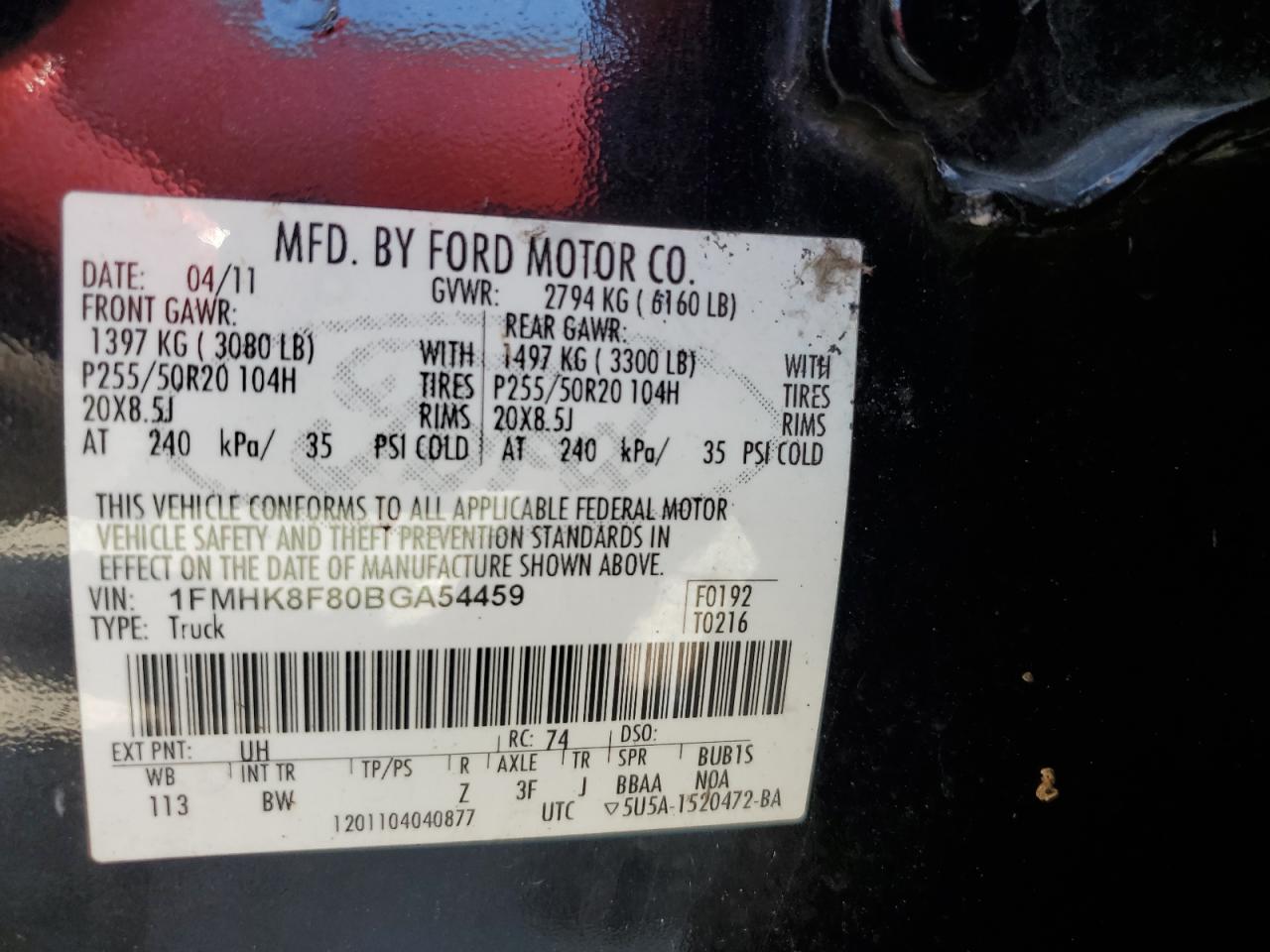 2011 Ford Explorer Limited VIN: 1FMHK8F80BGA54459 Lot: 69462745