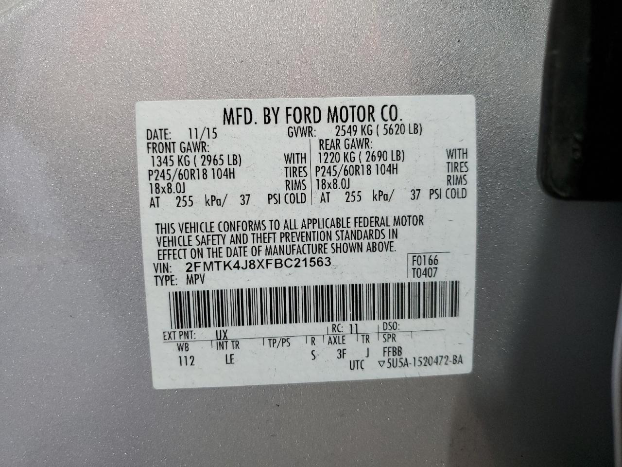 2015 Ford Edge Sel VIN: 2FMTK4J8XFBC21563 Lot: 69962985