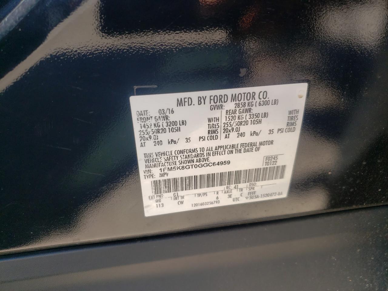 2016 Ford Explorer Sport VIN: 1FM5K8GT0GGC64959 Lot: 70625345