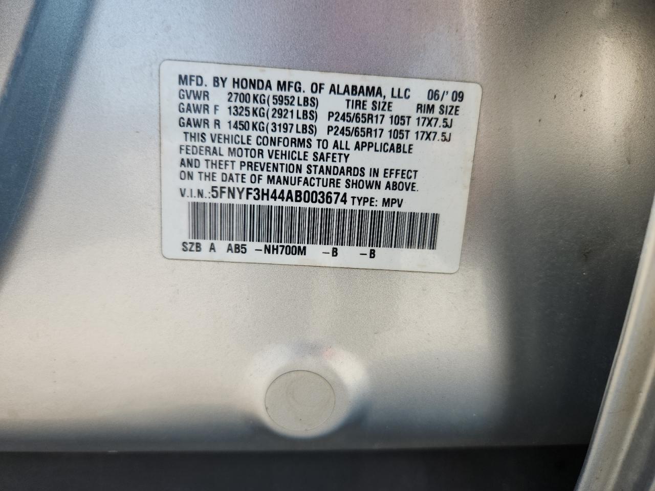 2010 Honda Pilot Ex VIN: 5FNYF3H44AB003674 Lot: 69465315