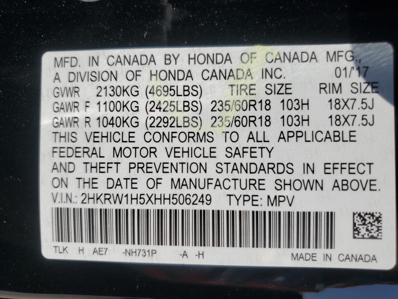 2017 Honda Cr-V Ex VIN: 2HKRW1H5XHH506249 Lot: 70665545