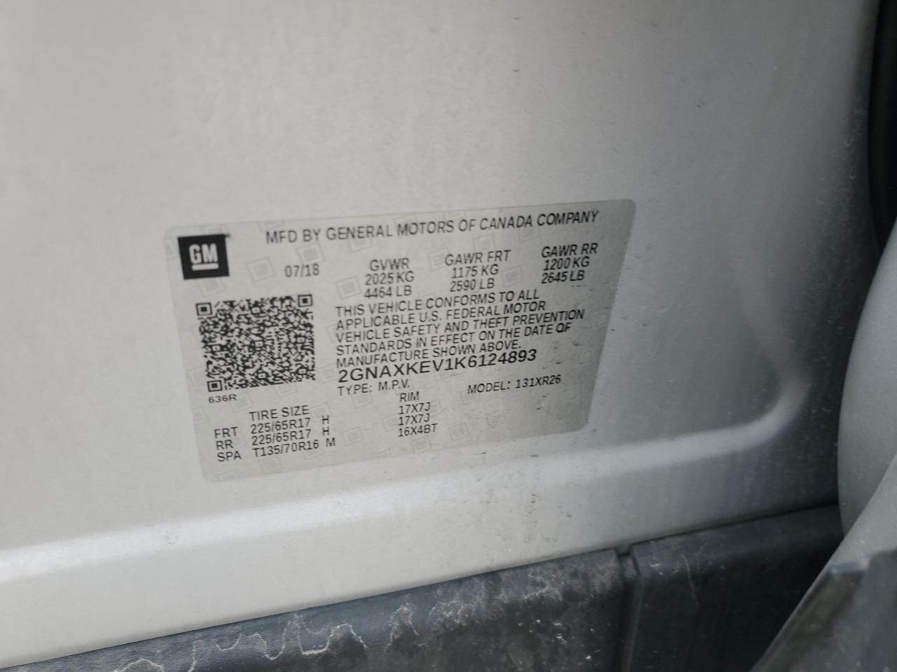 2019 Chevrolet Equinox Lt VIN: 2GNAXKEV1K6124893 Lot: 68945975