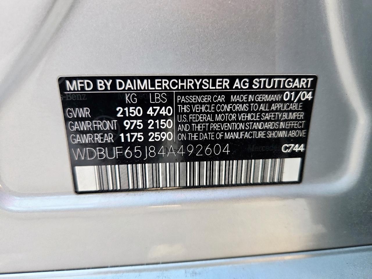 2004 Mercedes-Benz E 320 VIN: WDBUF65J84A492604 Lot: 68962535