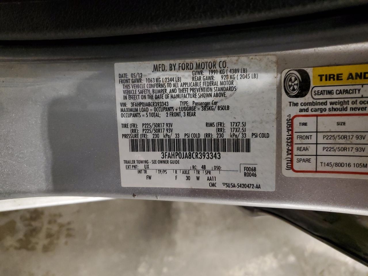 2012 Ford Fusion Sel VIN: 3FAHP0JA8CR393343 Lot: 70979815