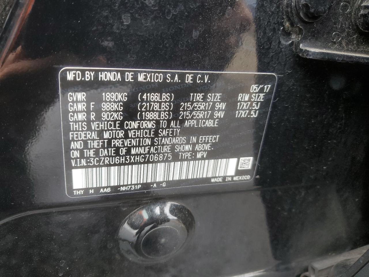 2017 Honda Hr-V Lx VIN: 3CZRU6H3XHG706875 Lot: 69741825