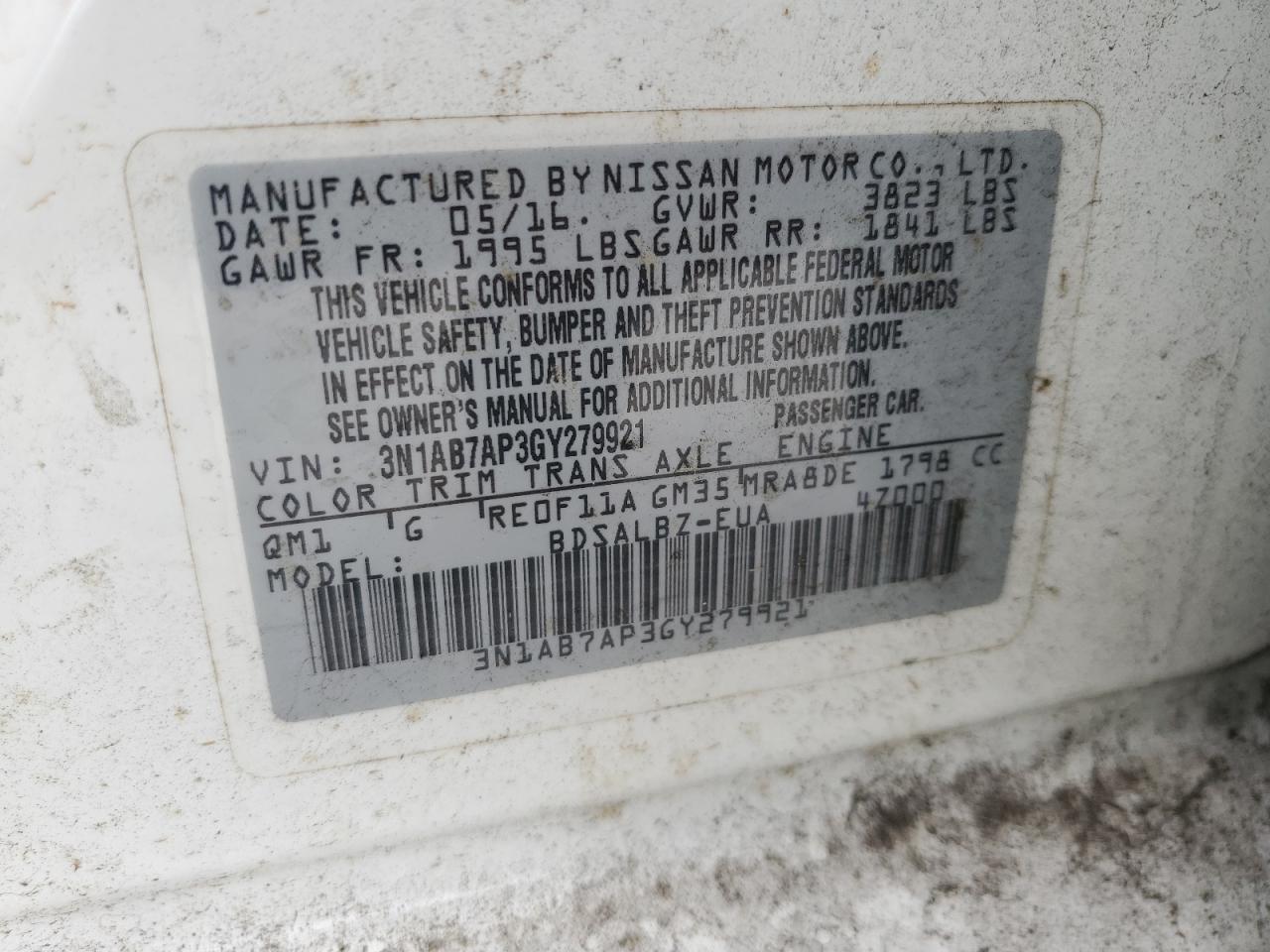 2016 Nissan Sentra S VIN: 3N1AB7AP3GY279921 Lot: 68259255