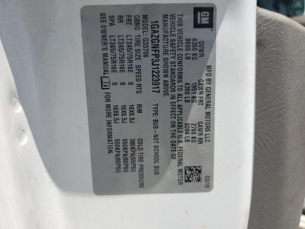 2018 Chevrolet Express G3500 Ls VIN: 1GAZGNFP3J1223917 Lot: 67140205