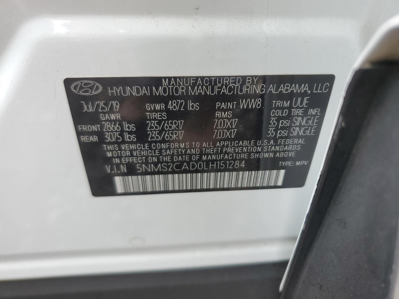 2020 Hyundai Santa Fe Se VIN: 5NMS2CAD0LH151284 Lot: 67114585