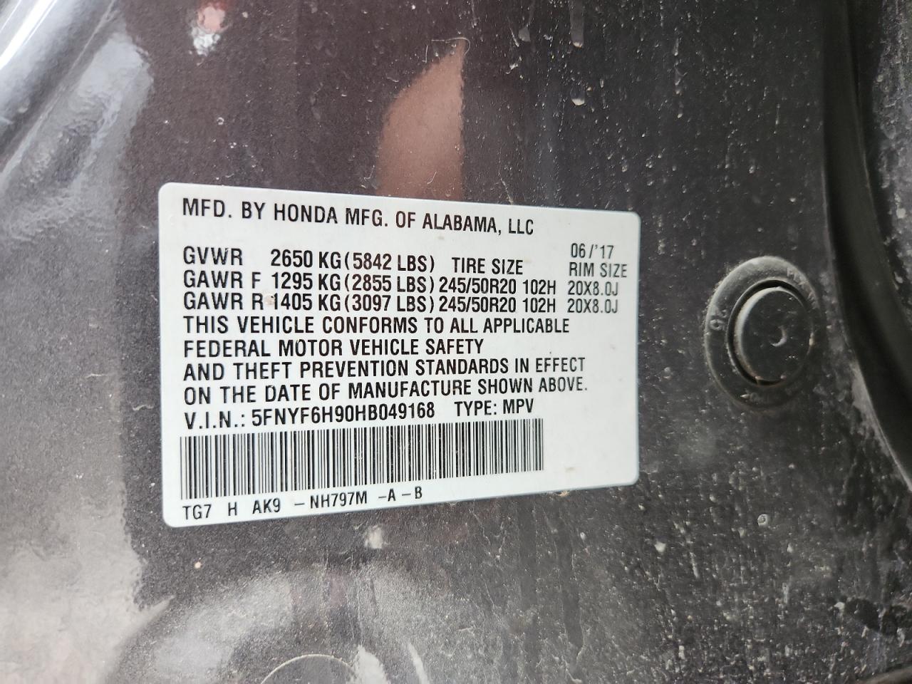 2017 Honda Pilot Touring VIN: 5FNYF6H90HB049168 Lot: 69983165