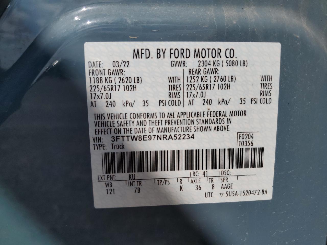 2022 Ford Maverick Xl VIN: 3FTTW8E97NRA52234 Lot: 69267825