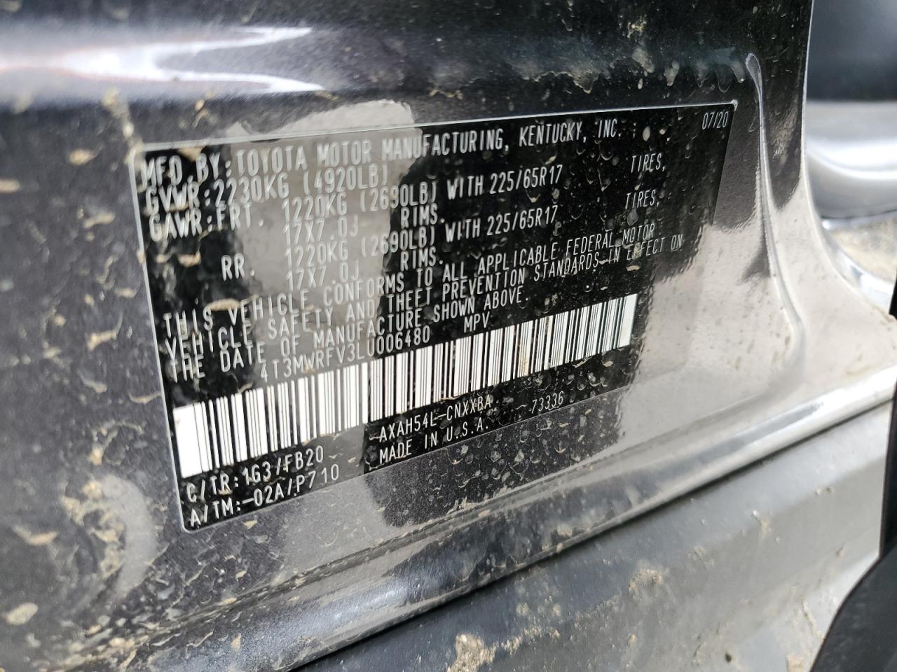 2020 Toyota Rav4 Le VIN: 4T3MWRFV3LU006480 Lot: 70600395