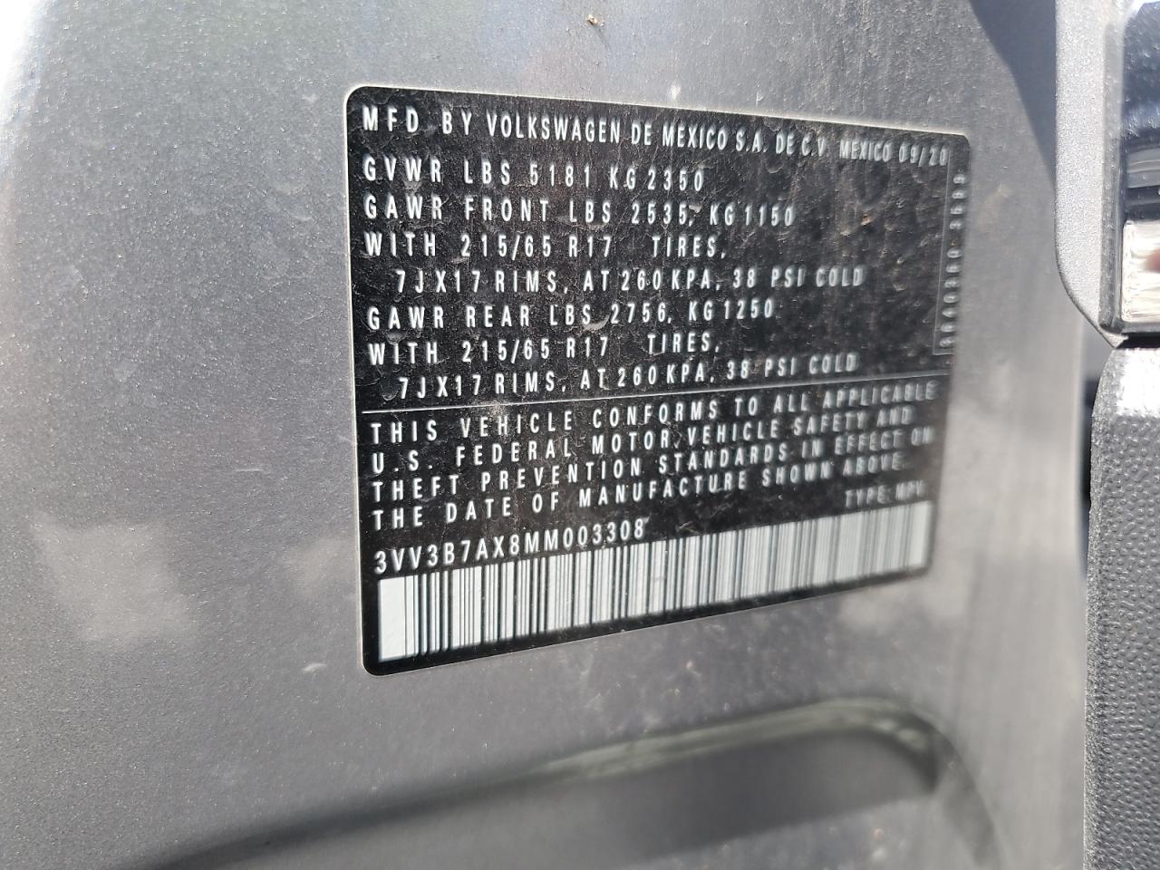 2021 Volkswagen Tiguan Se VIN: 3VV3B7AX8MM003308 Lot: 70284365