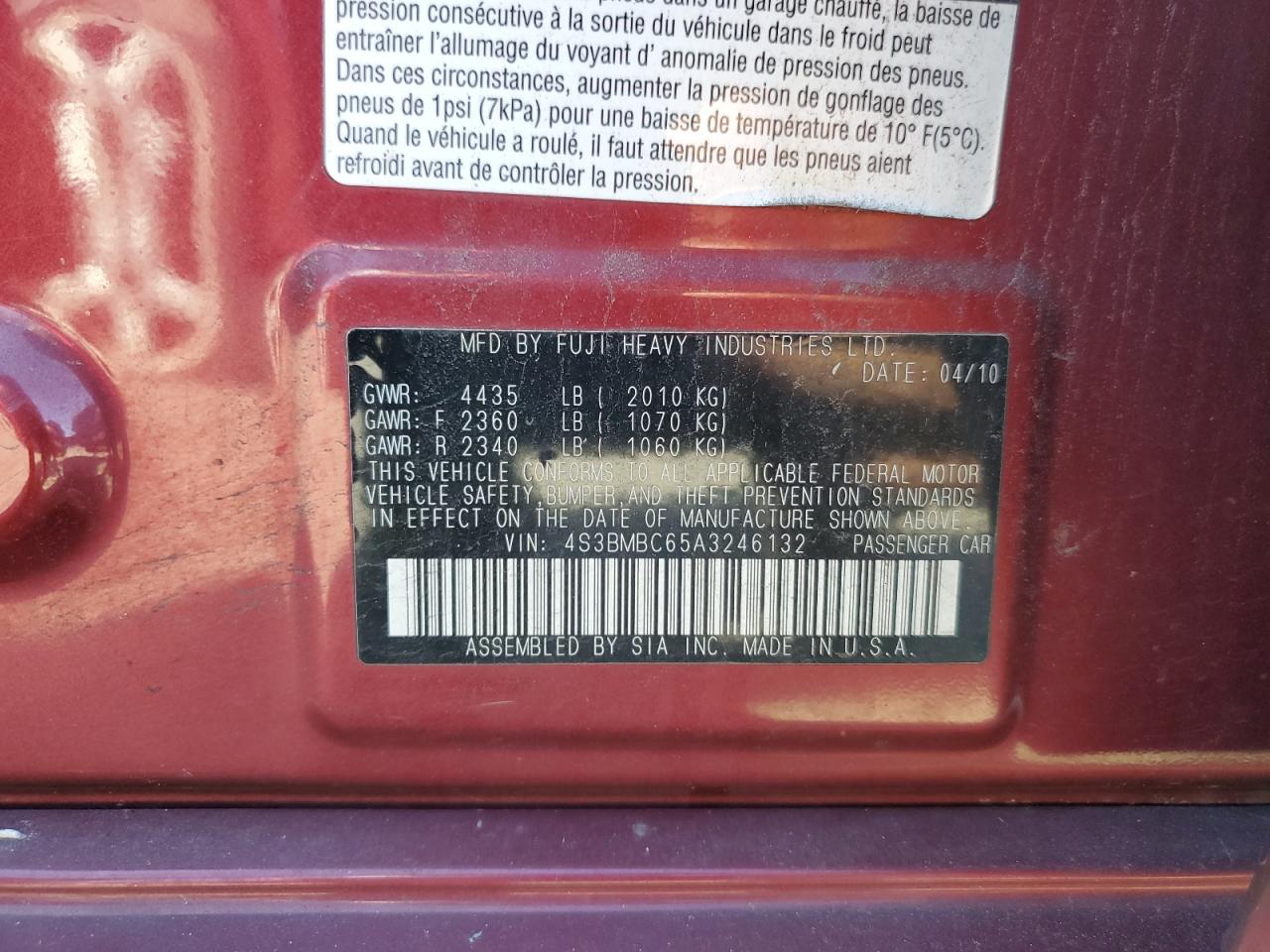 2010 Subaru Legacy 2.5I Premium VIN: 4S3BMBC65A3246132 Lot: 90076455