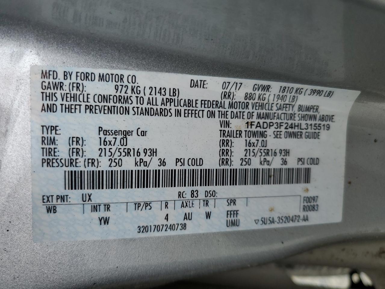 2017 Ford Focus Se VIN: 1FADP3F24HL315519 Lot: 70471795