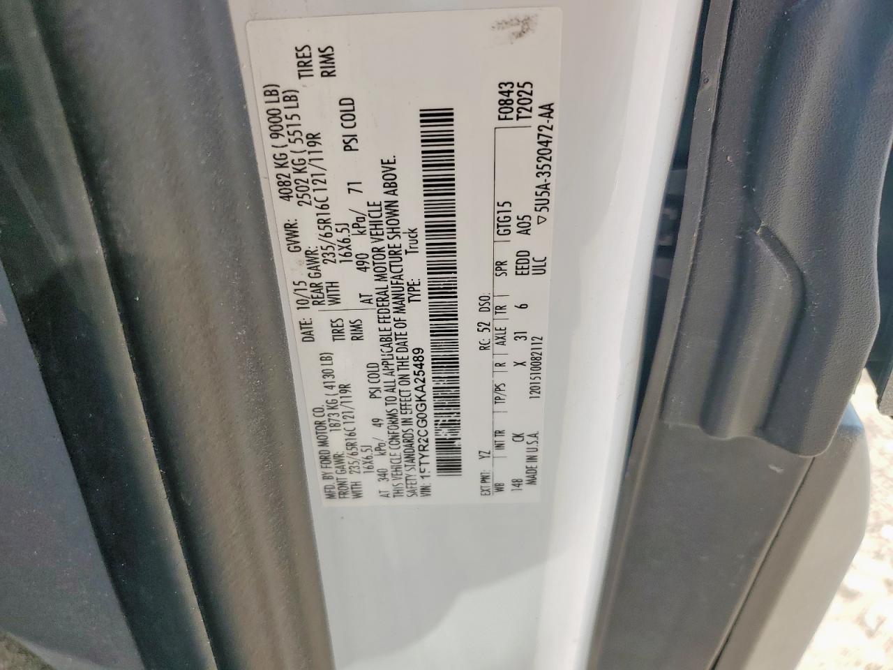 2016 Ford Transit T-250 VIN: 1FTYR2CG0GKA25489 Lot: 70464975