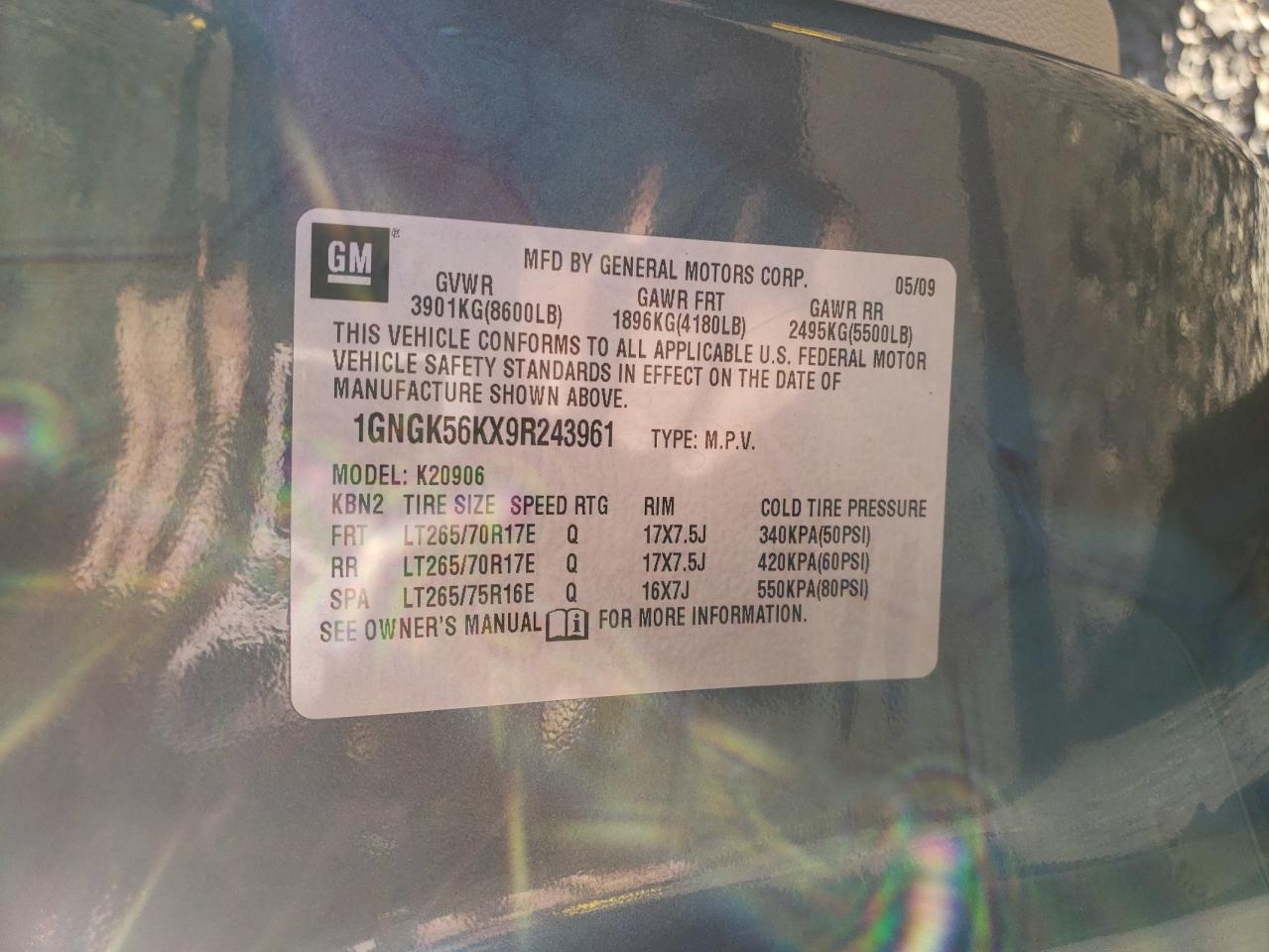 2009 Chevrolet Suburban K2500 Lt VIN: 1GNGK56KX9R243961 Lot: 70054715