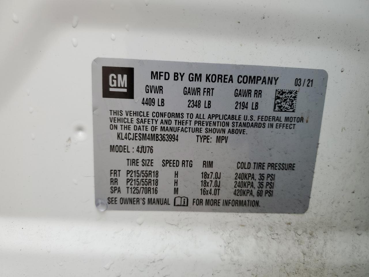 2021 Buick Encore Preferred VIN: KL4CJESM4MB363994 Lot: 69555935