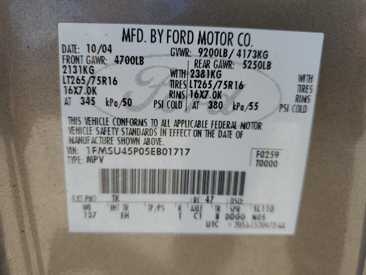 2005 Ford Excursion Eddie Bauer VIN: 1FMSU45P05EB01717 Lot: 68097875