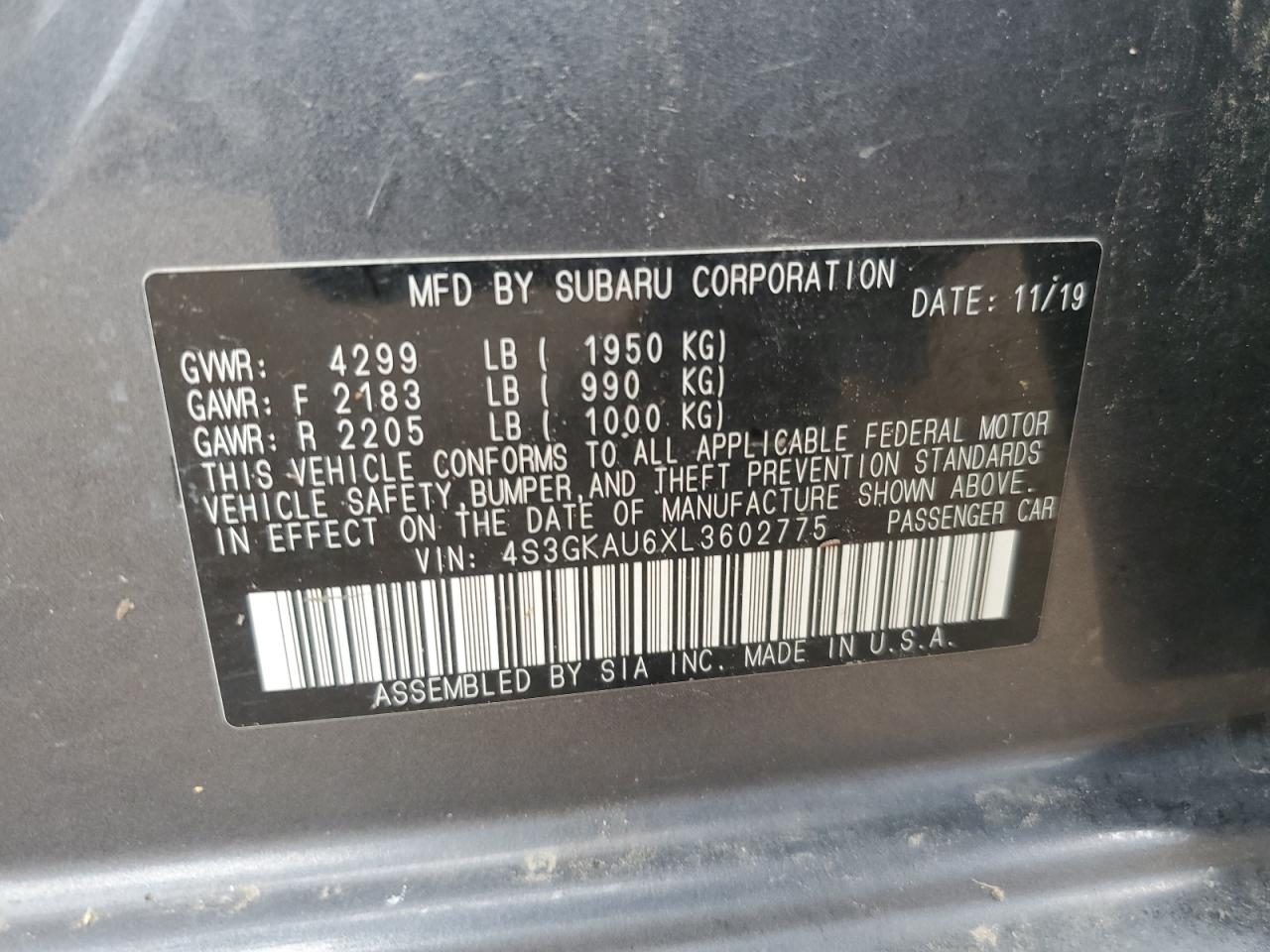 2020 Subaru Impreza Limited VIN: 4S3GKAU6XL3602775 Lot: 68872235