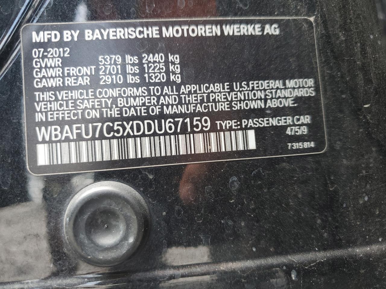 2013 BMW 535 Xi VIN: WBAFU7C5XDDU67159 Lot: 68189065