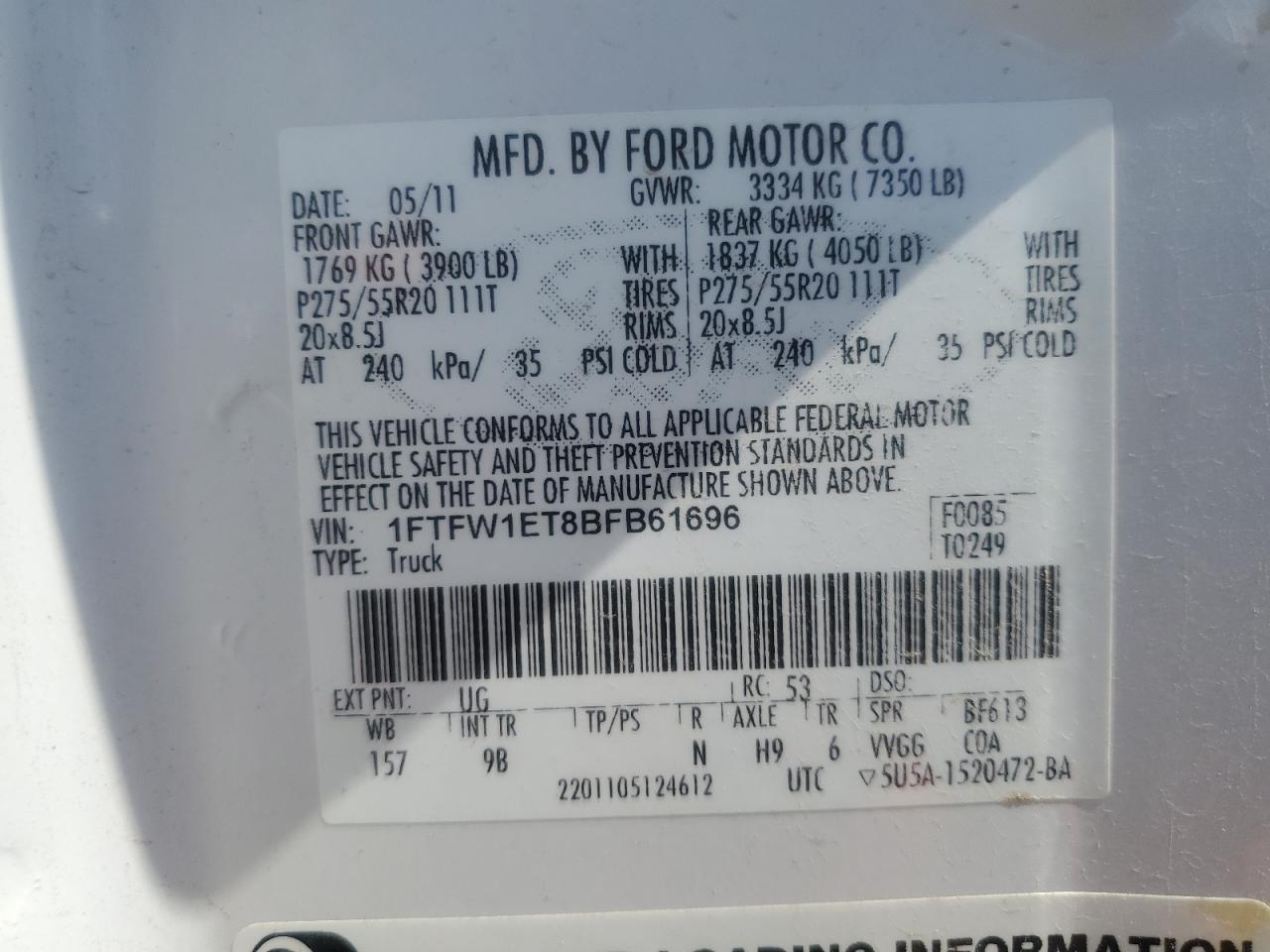 2011 Ford F150 Supercrew VIN: 1FTFW1ET8BFB61696 Lot: 68821485