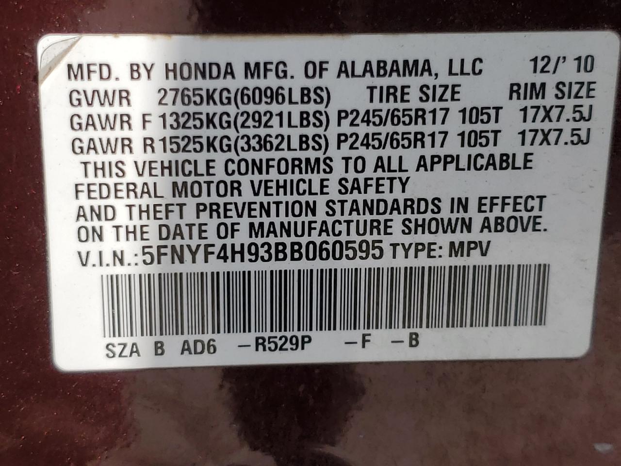 2011 Honda Pilot Touring VIN: 5FNYF4H93BB060595 Lot: 68725315